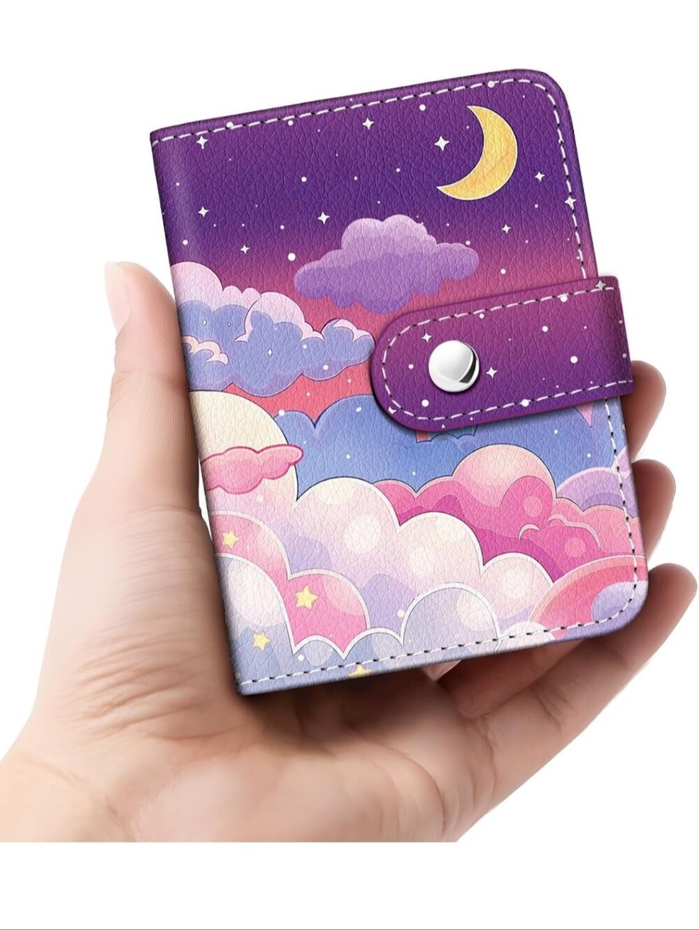Kids Purple Moon & Clouds Card Wallet - Cute Snap Closure